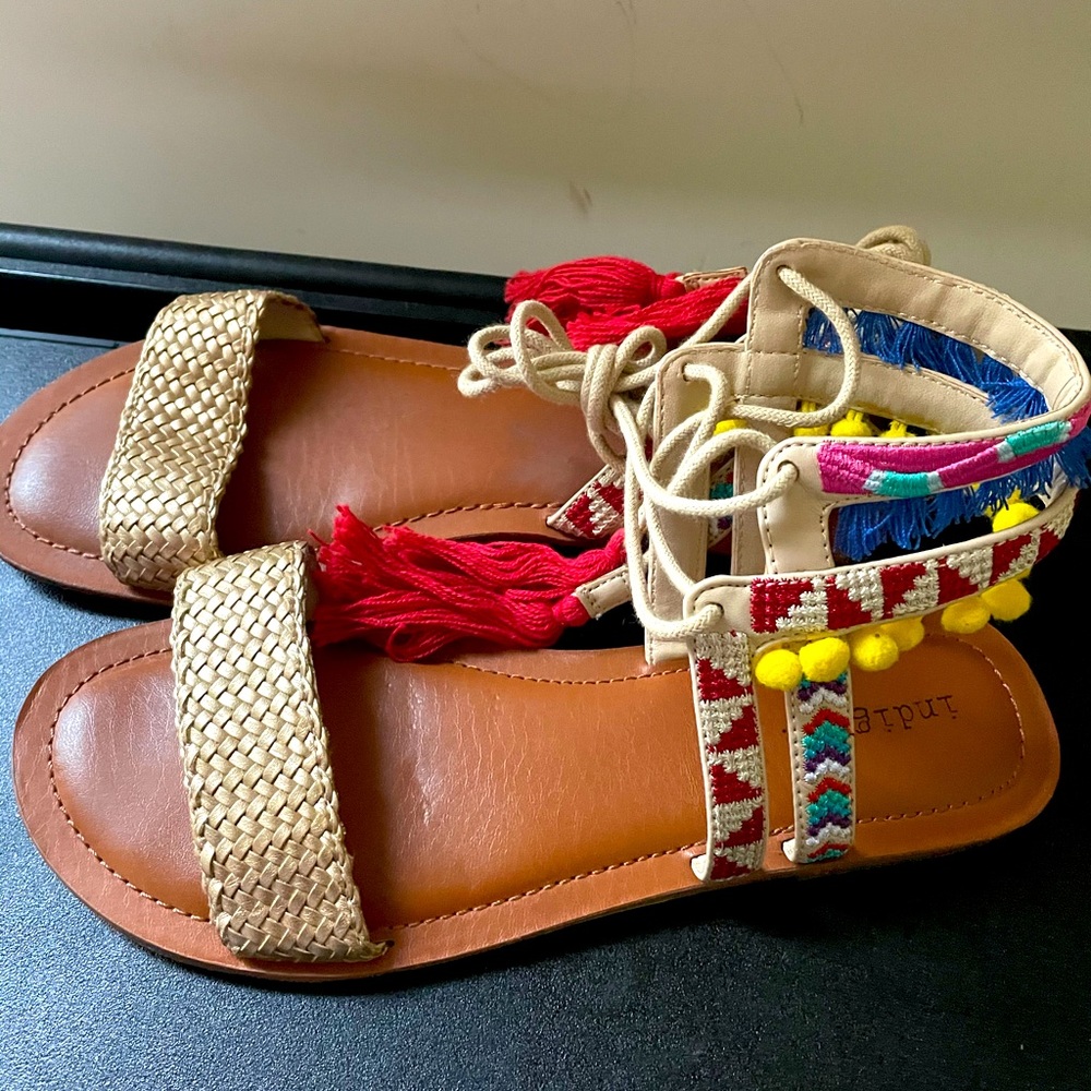 Indigo Pom Pom Tassel Sandals